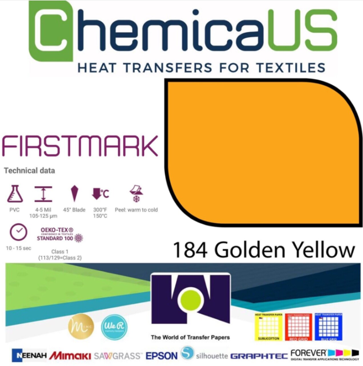 USA 15&#x22; x 22 Yds Chemica FirstMark Heat Transfer Vinyl GOLDEN YELLOW CH-184 HTV